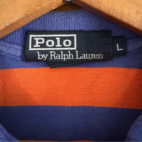 Polo by Ralph Lauren Men's Orange and Blue Striped Polo Shirt Y2K Vintage Rugby - Picture 16 of 16